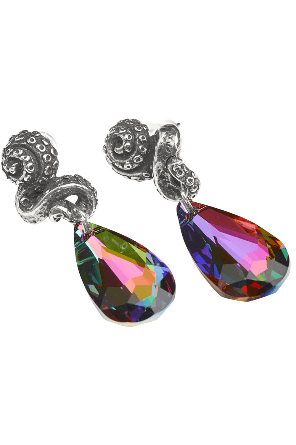 Kraken tentacle earrings with colorful crystal teardrop, crafted in pewter for a stylish oceanic look.