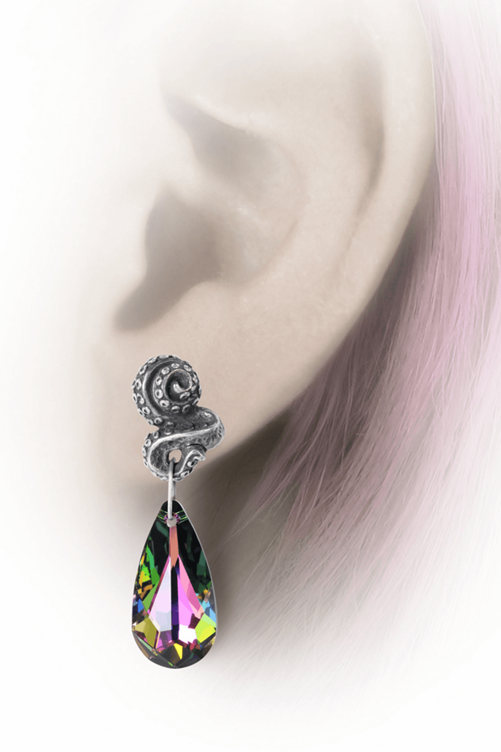 Kraken tentacle earrings with colorful teardrop crystal, perfect for an exotic touch to any outfit.