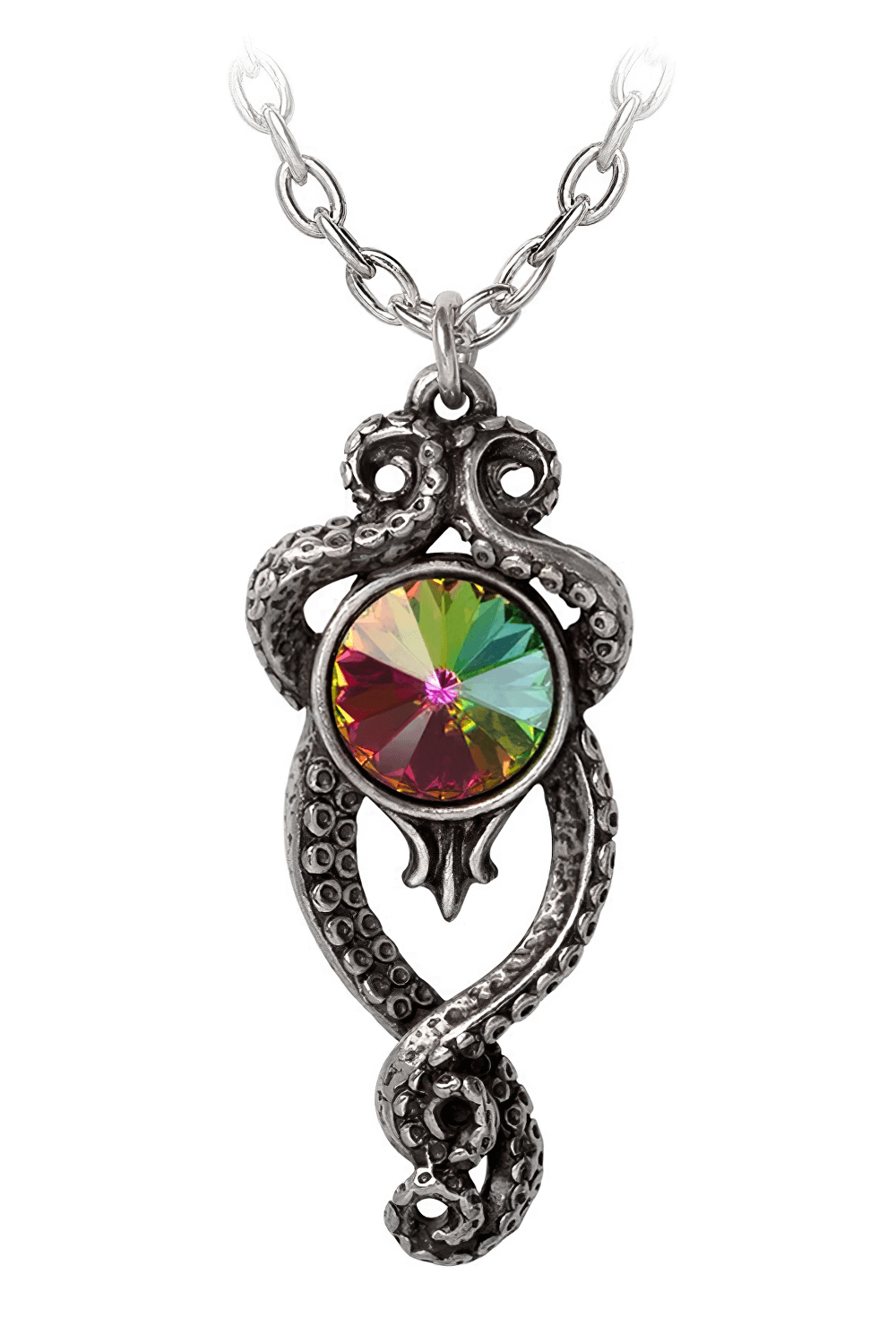 Kraken tentacle pendant with Austrian crystal drop, capturing mythical elegance and mystery.