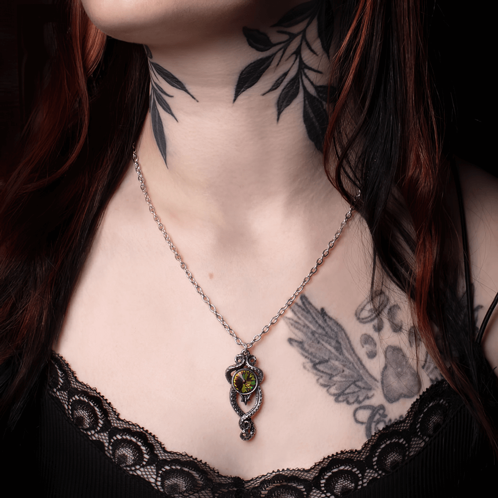 Kraken tentacle pendant with Austrian crystal drop on a model, showcasing a mystical and elegant design.