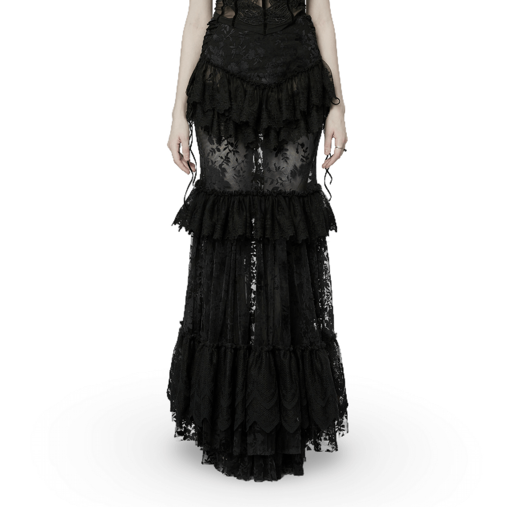 Full-length gothic skirt with lace trim, featuring layered flocking pattern for a dramatic look.