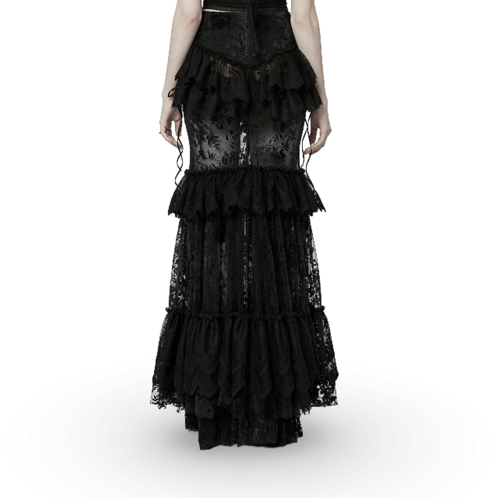 Back view of a gothic full-length skirt, featuring layers of black lace and a transparent flocking design for a dramatic flair.