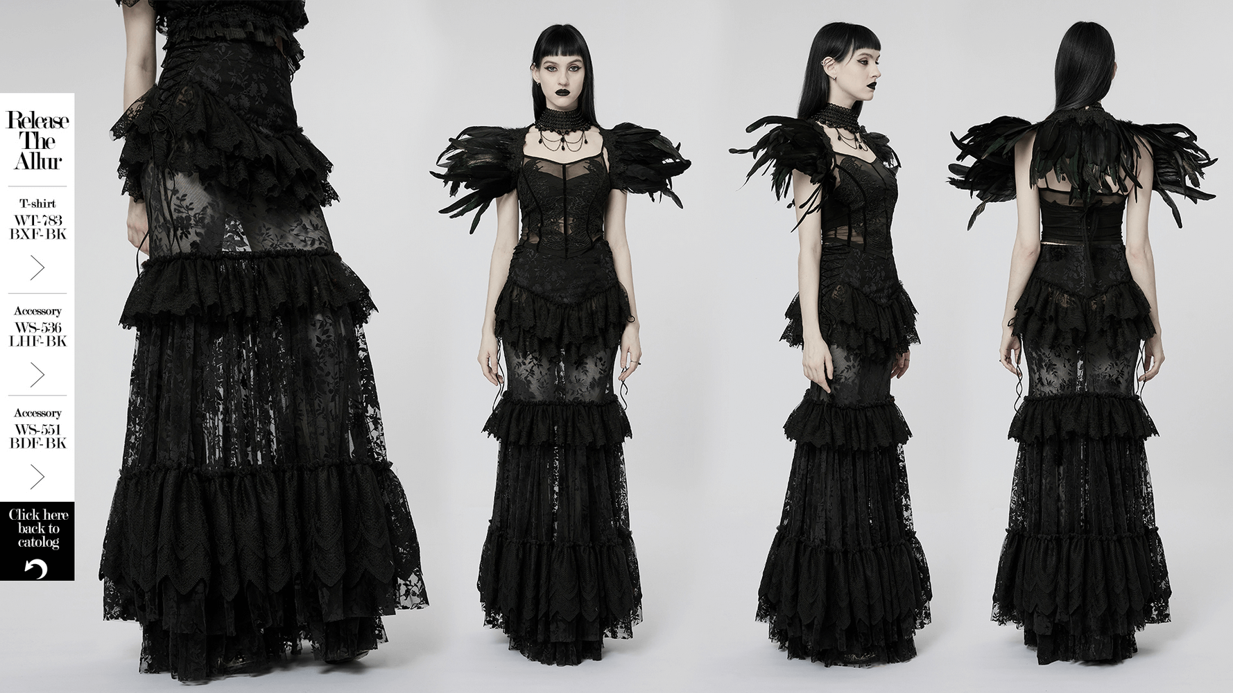 Full-length goth skirt with lace trim and layered design, perfect for a gothic chic look.