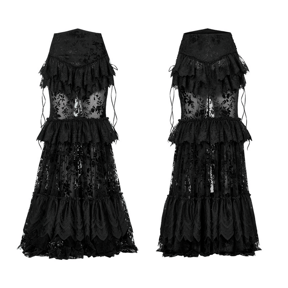 Lace-adorned Gothic full-length transparent skirt with layered ruffles and intricate flocking pattern.