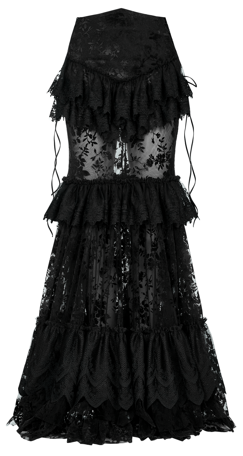 Gothic full-length lace-trim flocking skirt featuring delicate ruffles and transparent layers for an alluring look.