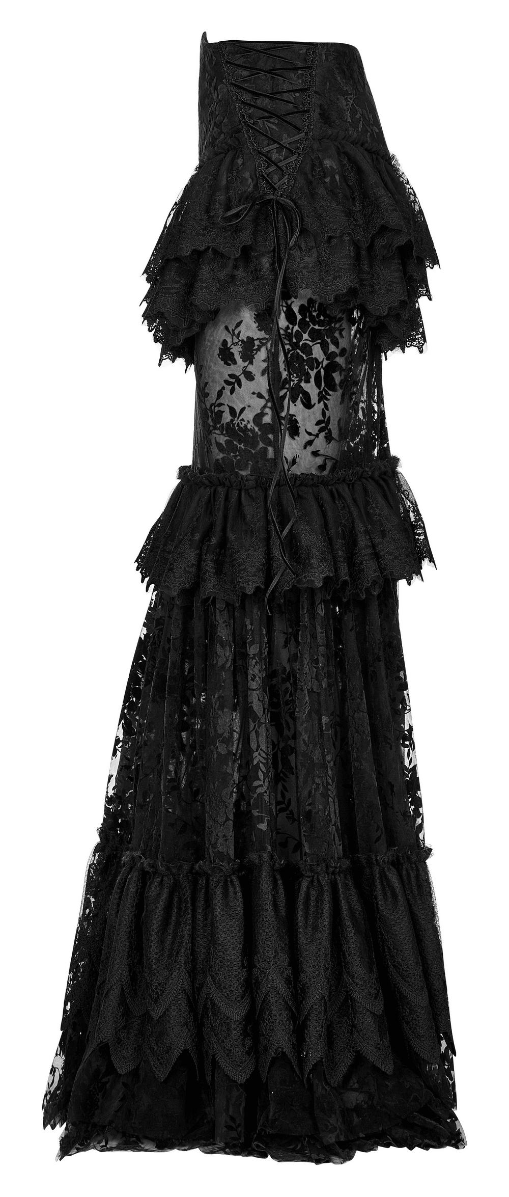 Lace-adorned flocking gothic full-length skirt featuring layered ruffles and a transparent design.