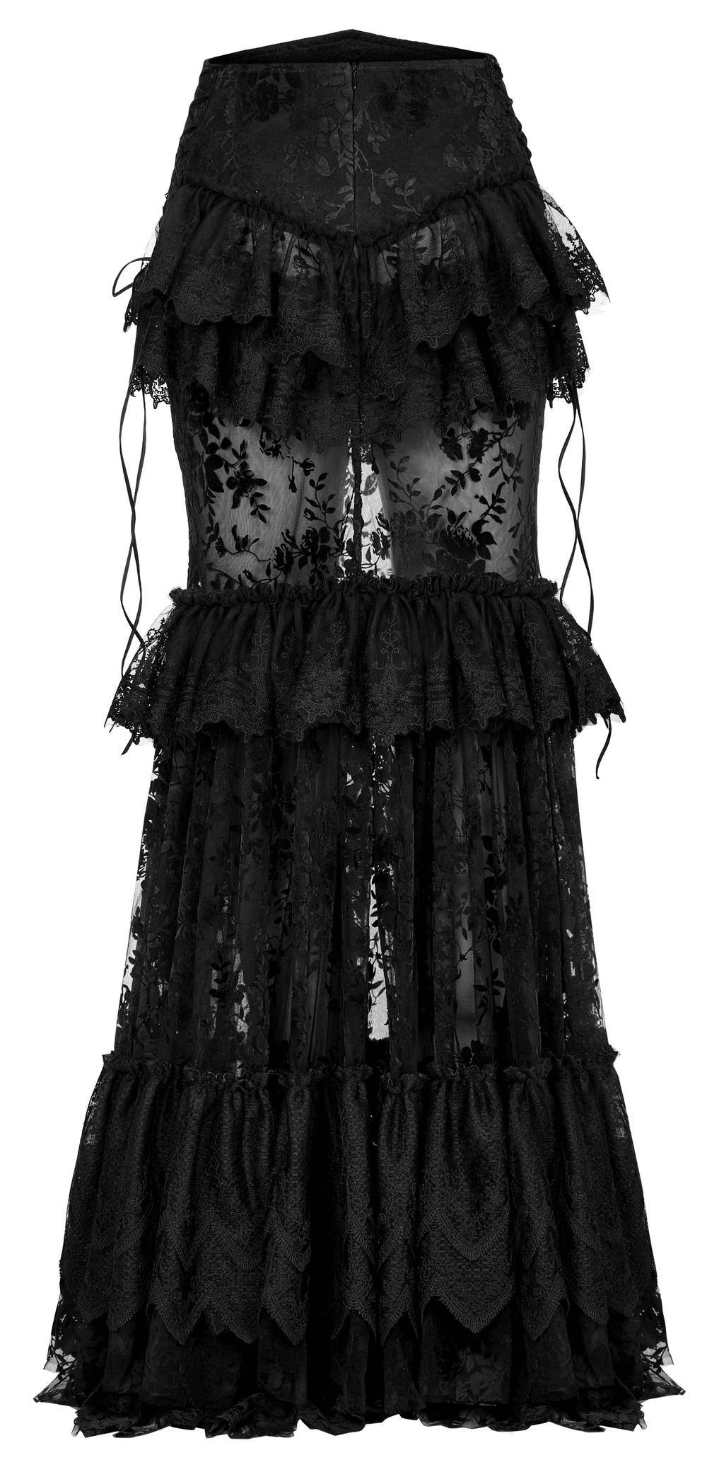 Full-length gothic skirt with lace trim and flocking pattern, offering a sexy layered perspective and elegant allure.