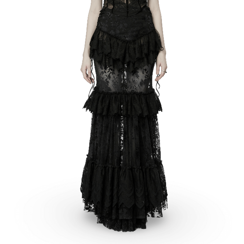 Lace-Adorned Flocking Gothic Full-Length Transparent Skirt - HARD'N'HEAVY