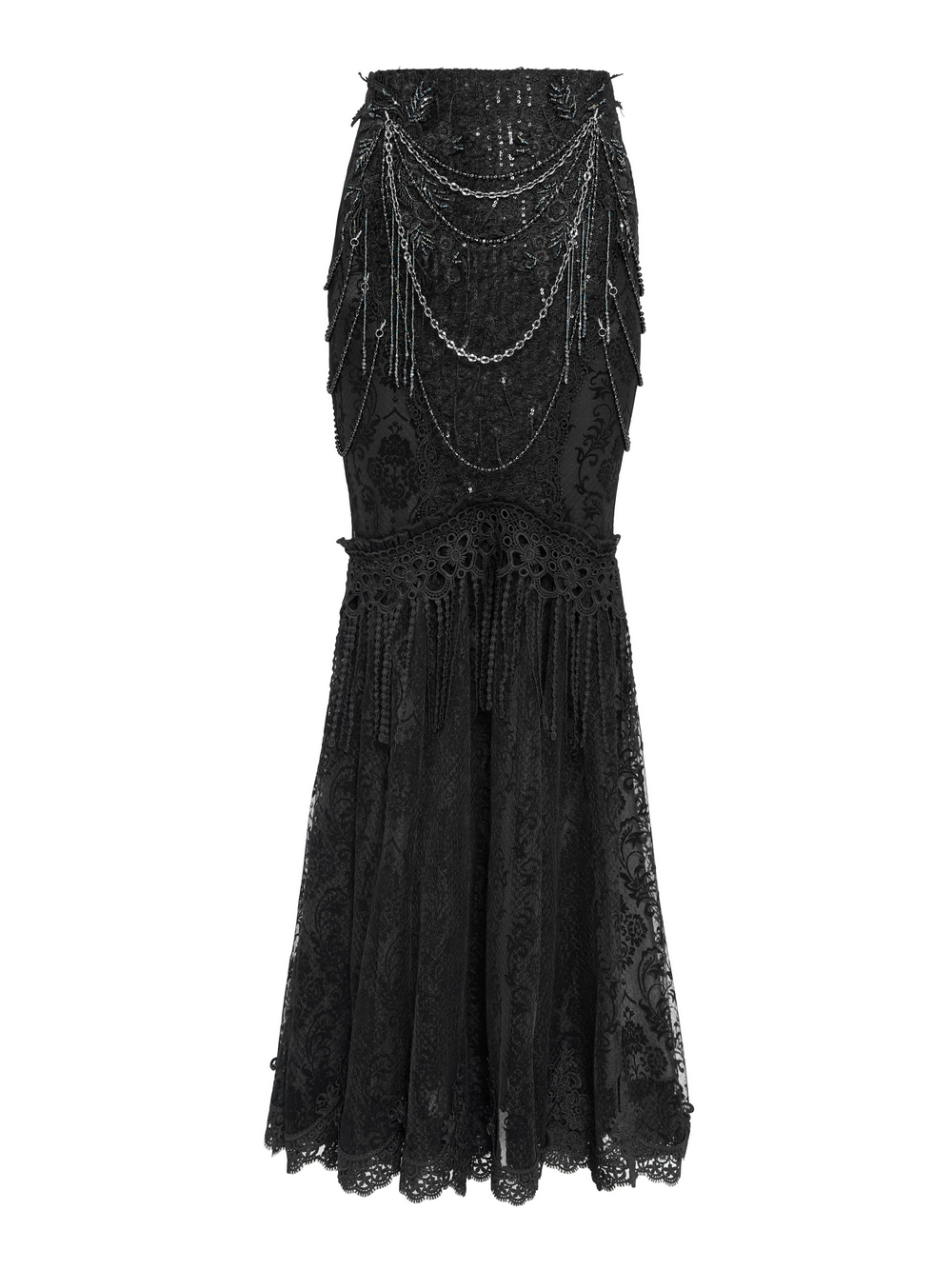 Lace and Fringe Black Skirt with Chains for Elegance Style featuring lace, fringe, and layered chains for a bold look.