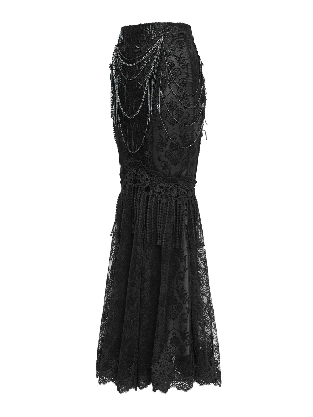 Lace and Fringe Black Skirt with Chains for Elegance Style showcasing intricate lace and fringe detailing.