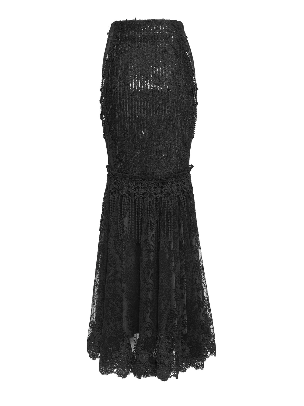 Lace and Fringe Black Skirt with Chains for Elegance Style featuring intricate lace and fringe details.