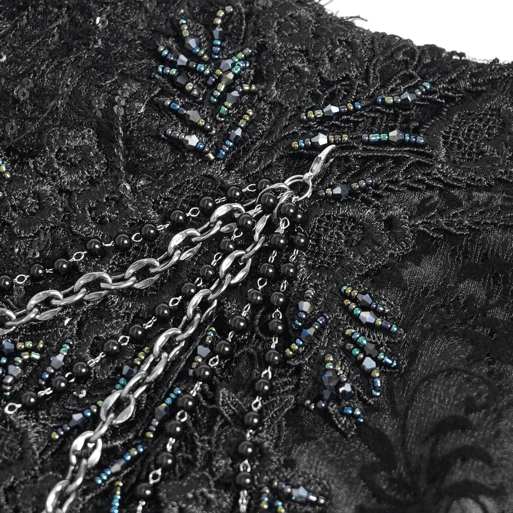 Close-up of Lace and Fringe Black Skirt with Chains for Elegance Style, showcasing intricate lace and chain details.