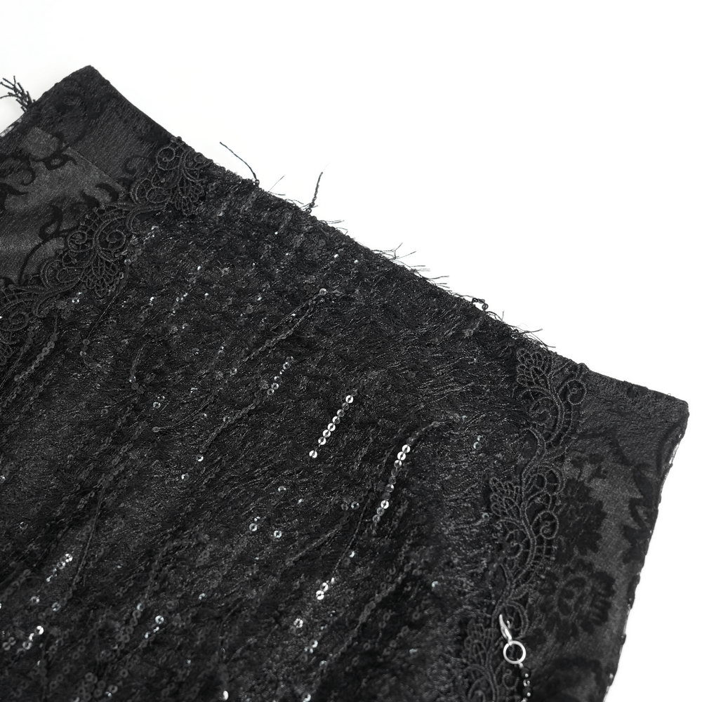Lace and Fringe Black Skirt with Chains for Elegance Style showcasing intricate lace and fringe details.
