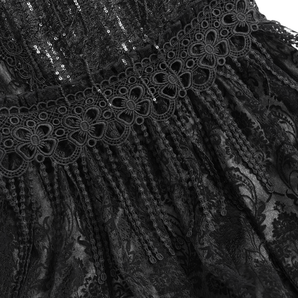 Lace and Fringe Black Skirt with Chains for Elegance Style showcasing intricate lace and fringe detailing.