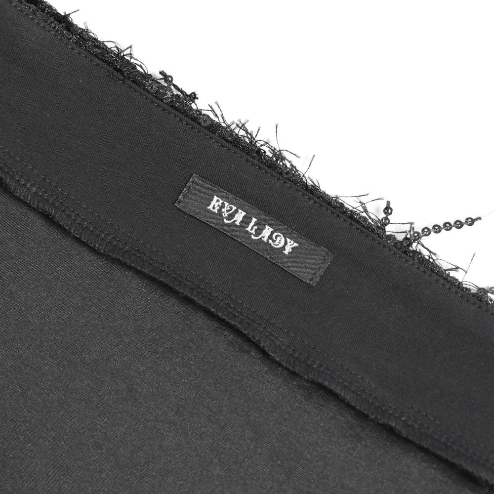 Lace and Fringe Black Skirt with Chains for Elegance Style tag showing intricate details and edgy design.