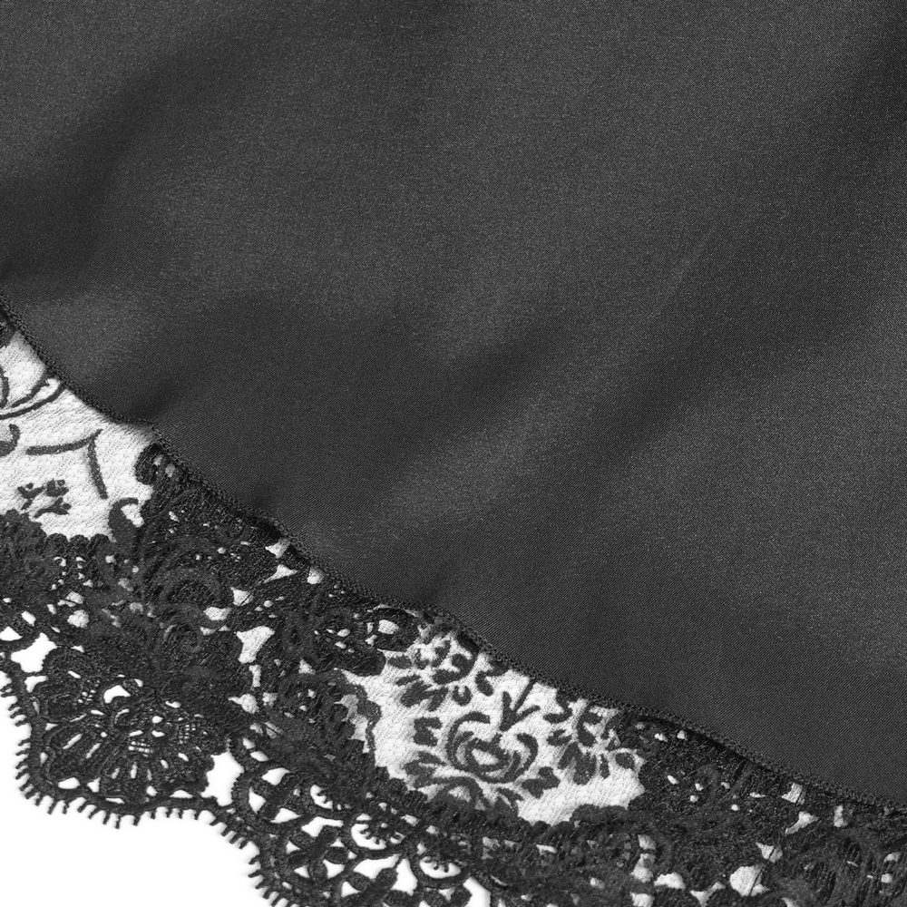 Lace and Fringe Black Skirt with Chains for Elegance Style showing intricate lace detailing and smooth fabric.