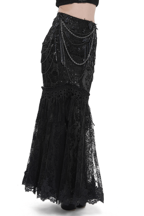 Lace and Fringe Black Skirt with Chains for Elegance Style