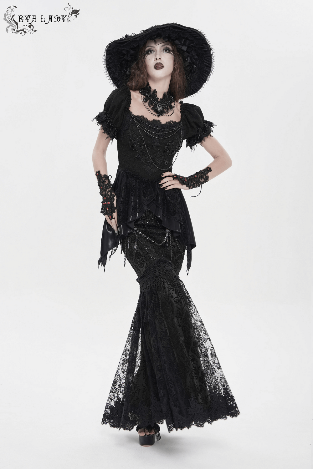 Lace and Fringe Black Skirt with Chains for Elegance Style worn by a model, showcasing gothic elegance and edgy fashion.