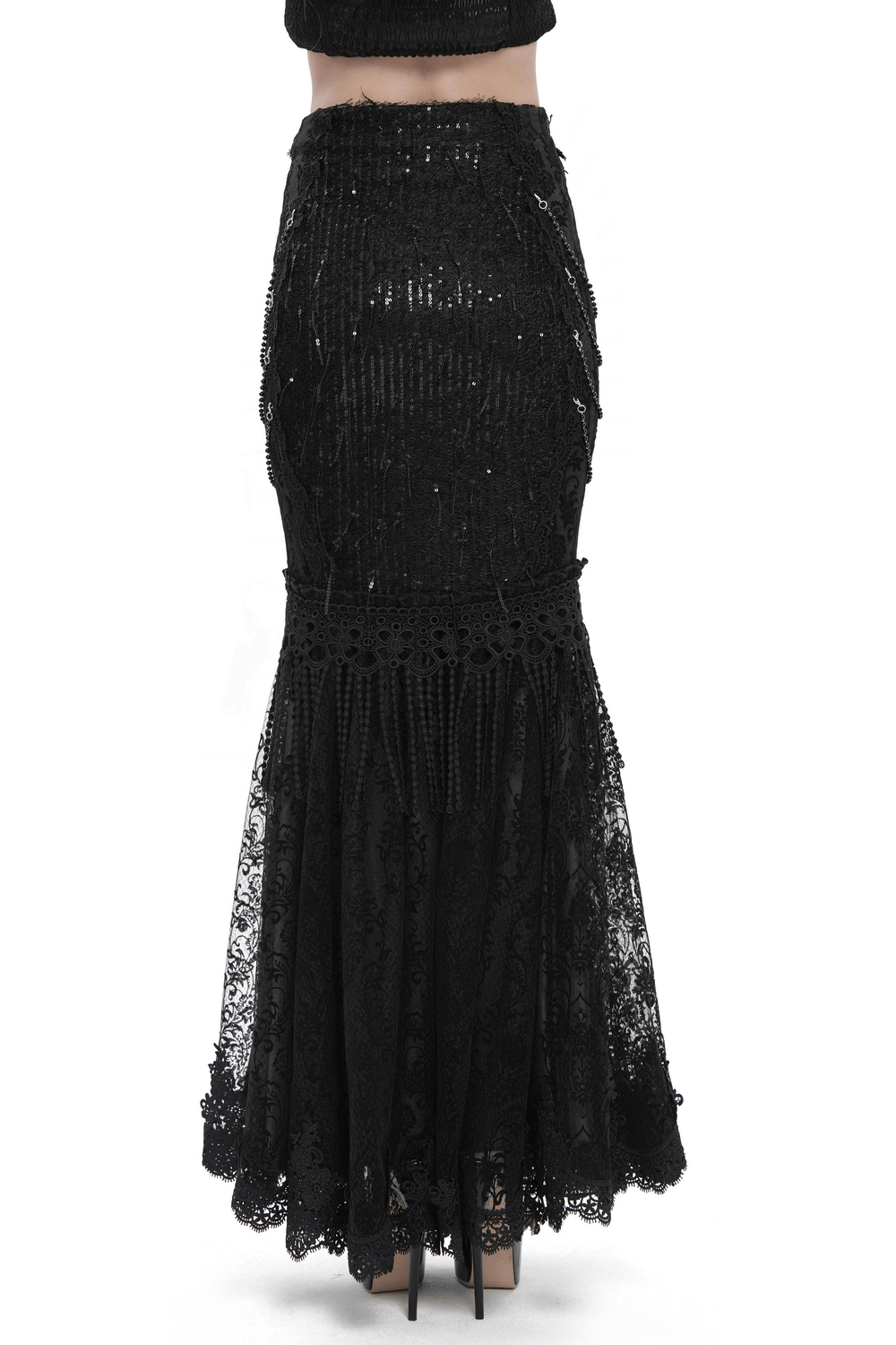 Lace and Fringe Black Skirt with Chains for Elegance Style showcasing intricate lace and fringe detailing.