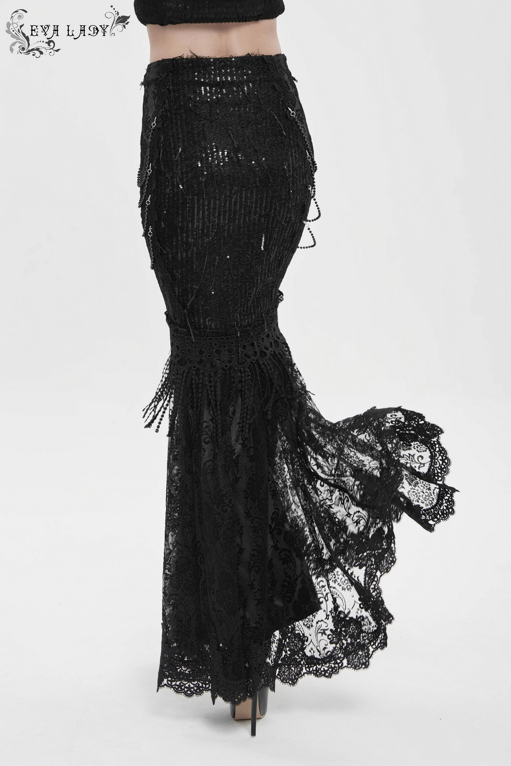 Lace and Fringe Black Skirt with Chains for Elegance Style showcasing intricate lace and fringe detailing.