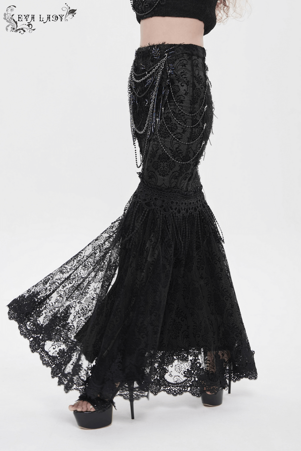 Lace and Fringe Black Skirt with Chains for Elegance Style showcasing gothic lace and fringe detailing.