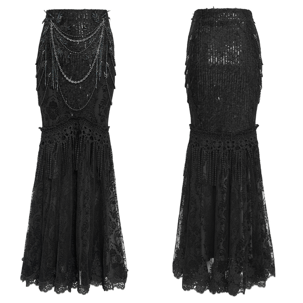 Lace and Fringe Black Skirt with Chains for Elegance Style showcasing intricate lace and fringe detailing.