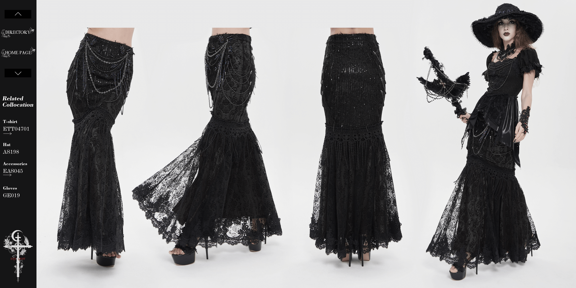 Lace and Fringe Black Skirt with Chains for Elegance Style showcasing intricate lace and edgy fringe details.
