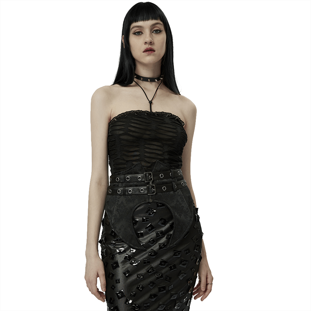 Gothic bustier with lace and rivet details, featuring a stylish halterneck design and edgy accessories.