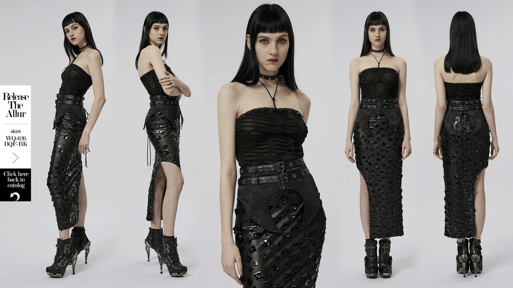 Stylish model showcasing a versatile Gothic bustier with lace accents and rivets, paired with edgy black skirt.