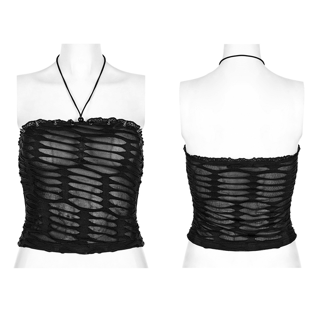 Black lace and rivet detailed Gothic bustier with halterneck for a stylish punk-inspired look.