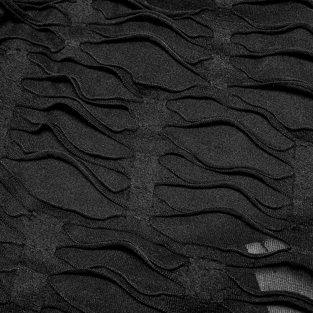 Close-up of black stretch-decayed fabric with a wavy texture, perfect for gothic fashion and versatile styling.