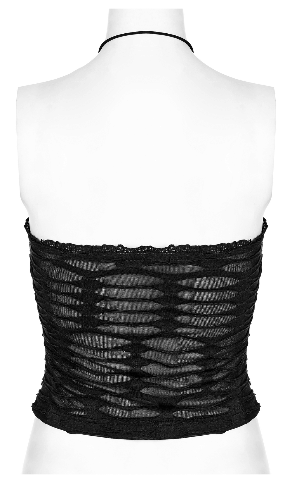 Back view of a black lace and rivet detailed gothic bustier, showcasing its unique design and halterneck style.