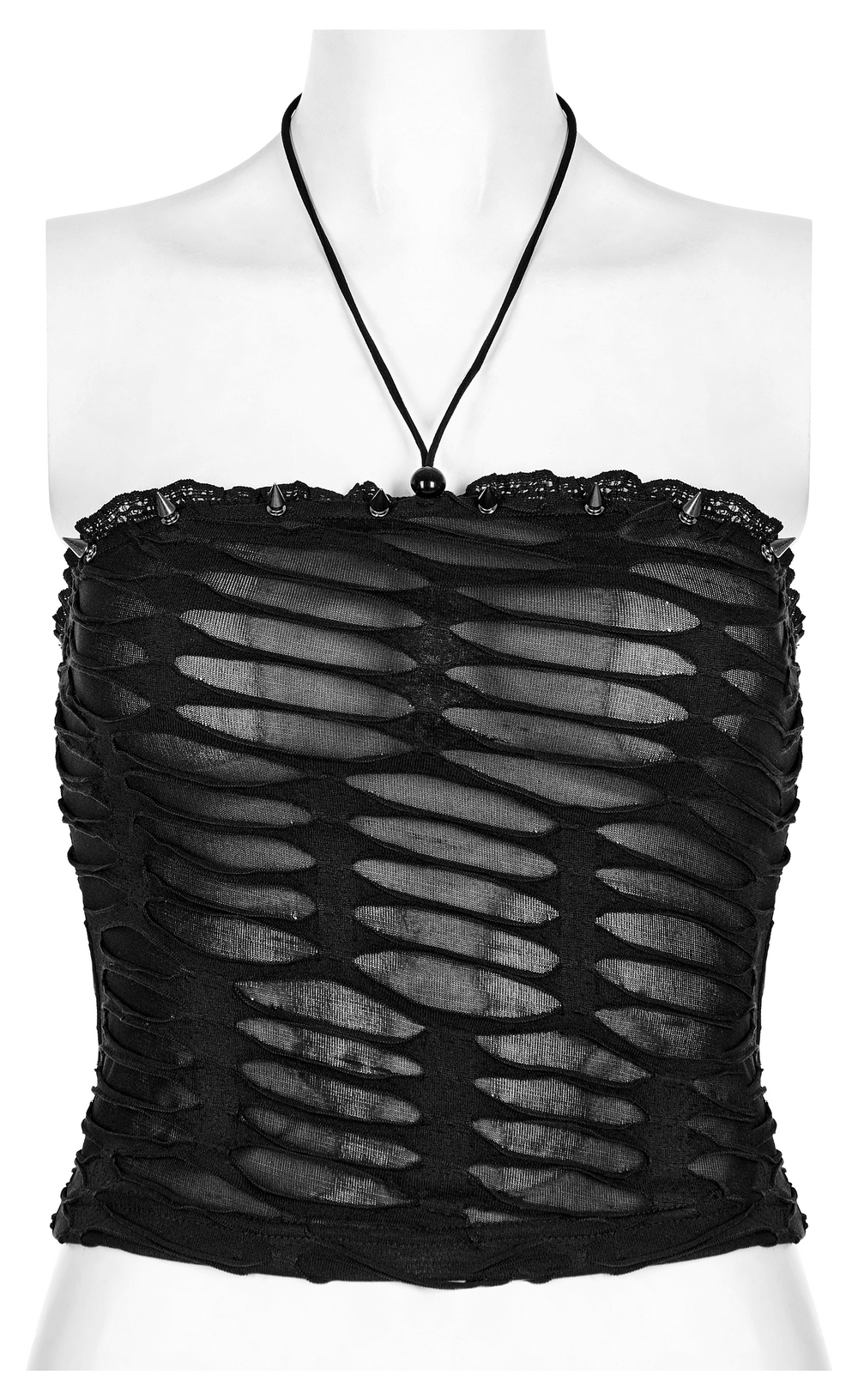 Black lace and rivet detailed Gothic bustier with halterneck for a stylish punk-inspired look.