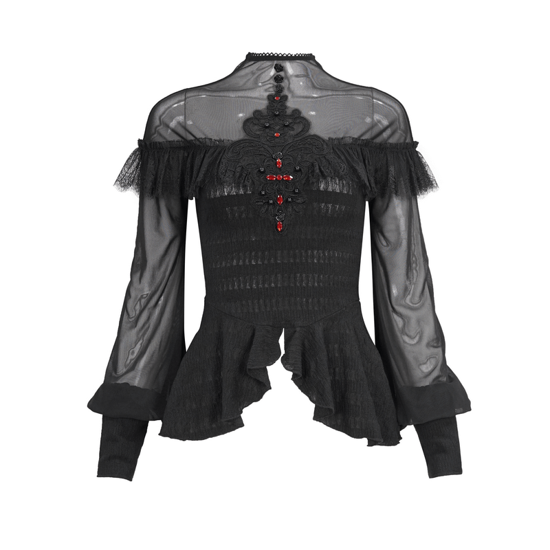 Gothic women's black lace blouse with transparent sleeves and red beaded accents, perfect for a vintage-inspired look.