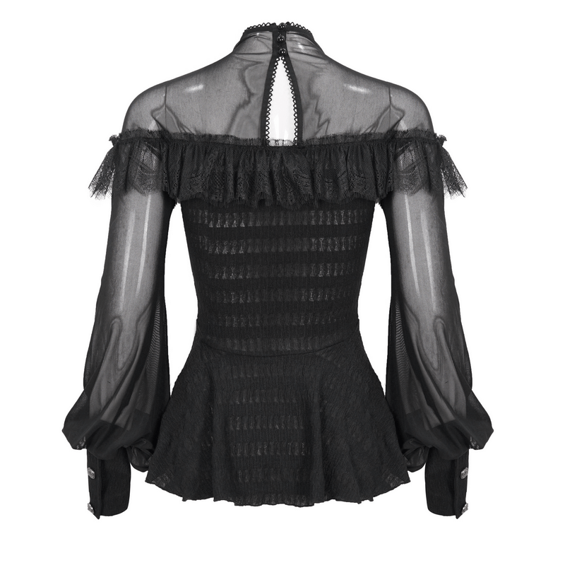 Back view of a women's black lace applique beading blouse with transparent sleeves, showcasing gothic vintage style.