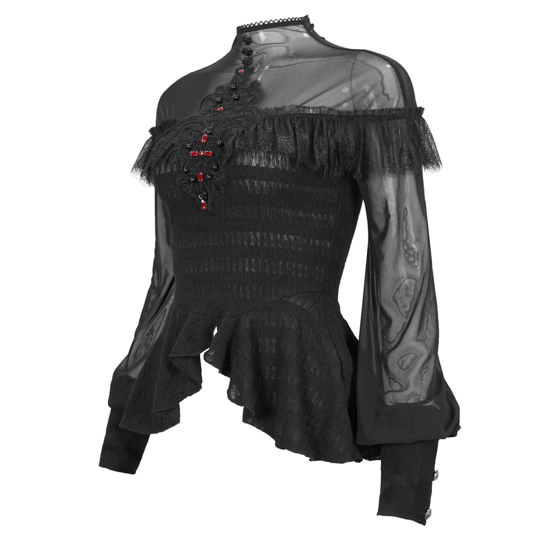 Stylish women's gothic black blouse with lace and red beading, featuring transparent sleeves and ruffled hem.