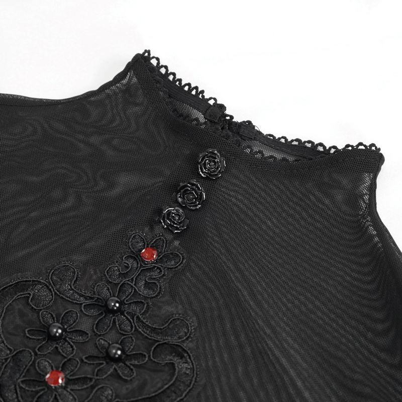 Black lace blouse with red bead and rose detailing, showcasing gothic vintage style and transparent fabric.
