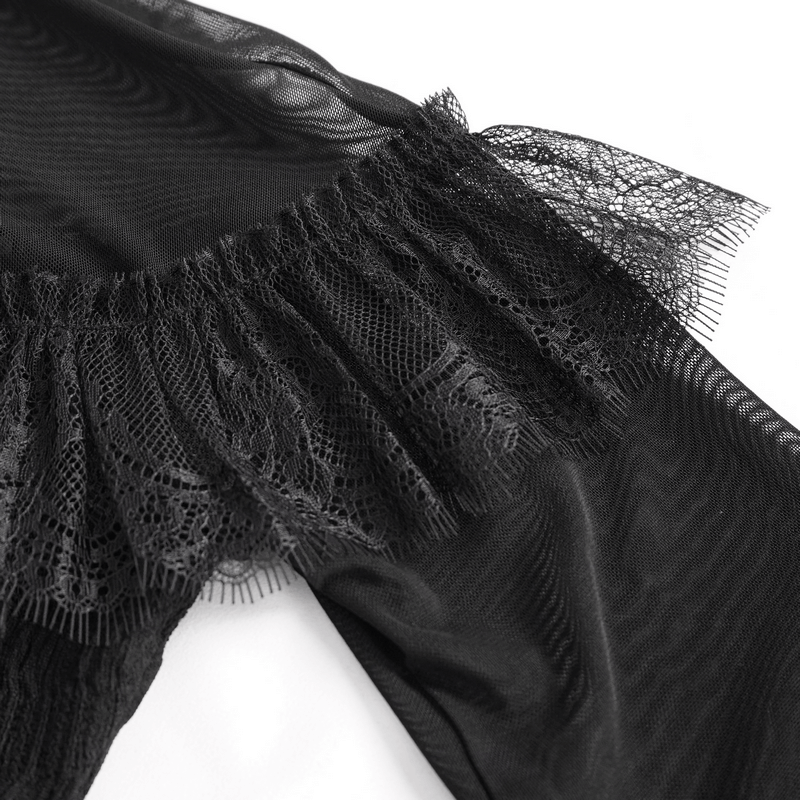 Detailed view of a women's black lace applique on a transparent sleeve blouse, showcasing gothic elegance.