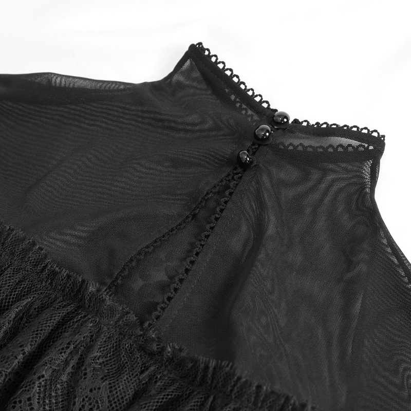 Close-up of feminine black lace blouse neckline with buttons and intricate lace detailing.