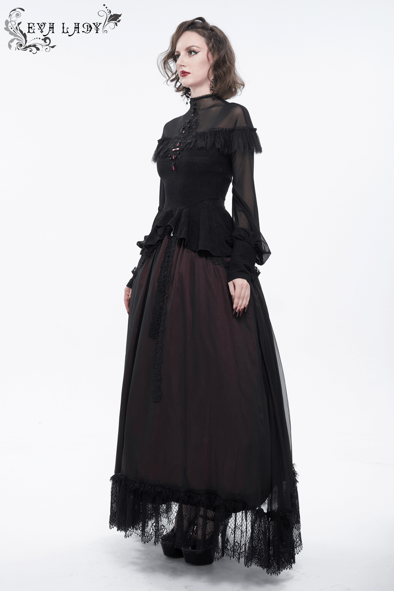 Elegant gothic black blouse with transparent sleeves and lace trim, perfect for vintage-inspired looks.