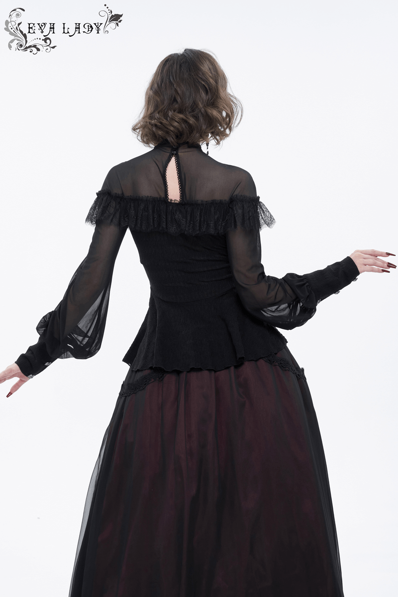 Back view of a gothic black blouse with transparent sleeves and ruffled details, styled elegantly with a long skirt.