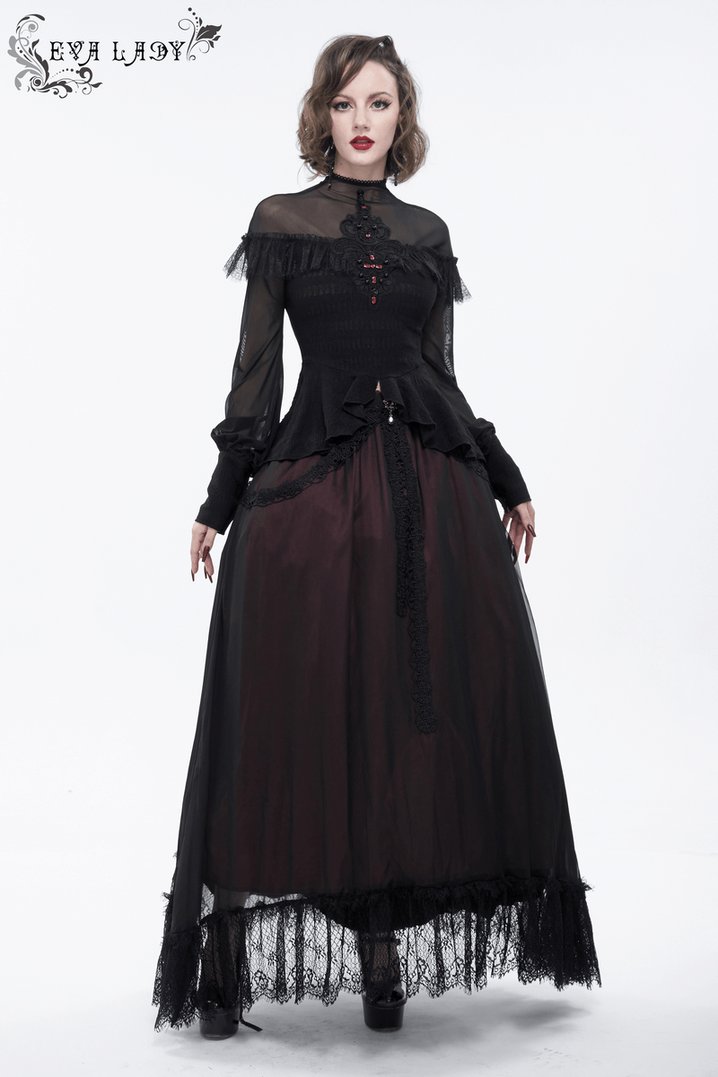 Gothic black blouse with long transparent sleeves, red beaded accents, and ruffled detailing for a vintage look.