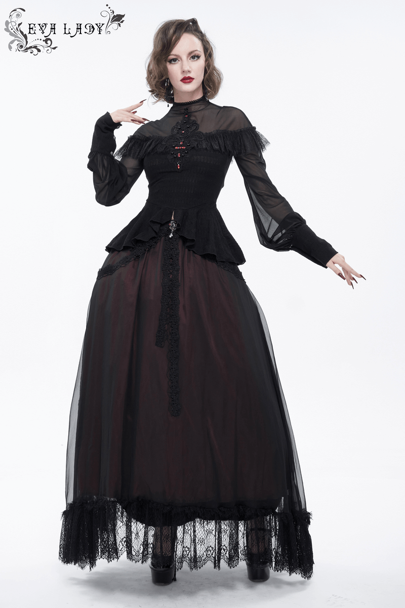 Elegant gothic blouse with transparent sleeves and intricate lace detailing, perfect for a vintage-inspired look.