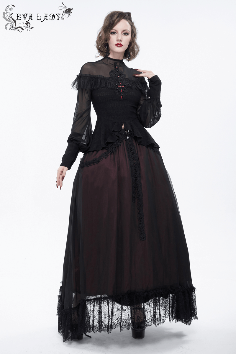 Elegant gothic woman in black lace blouse with transparent sleeves and a flowing skirt, showcasing vintage style.