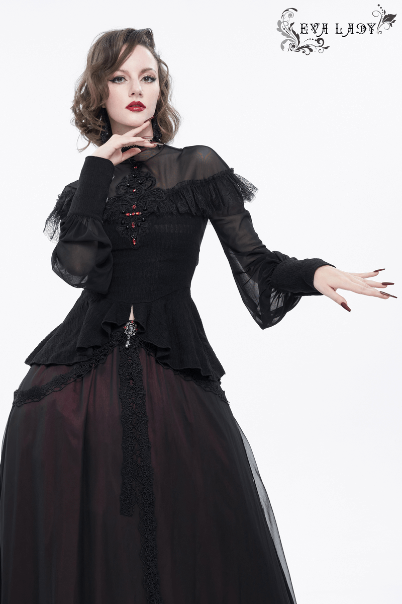 Gothic vintage black applique beading blouse for women with long sheer sleeves and elegant ruffles.