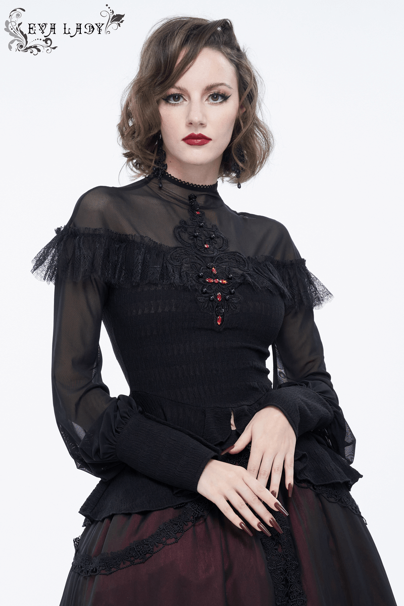 Gothic women's black lace applique beading blouse with long transparent sleeves and vintage red details.