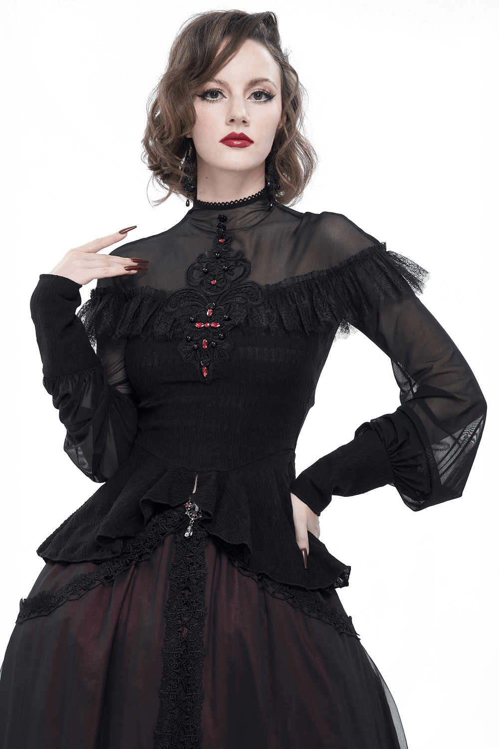 Gothic black lace appliqué beading blouse with long transparent sleeves and a vintage red beaded design.