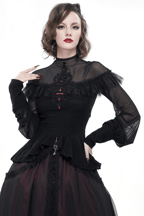 Camisa de cuentas con apliques de encaje para mujer / Blusa gótica de manga larga transparente