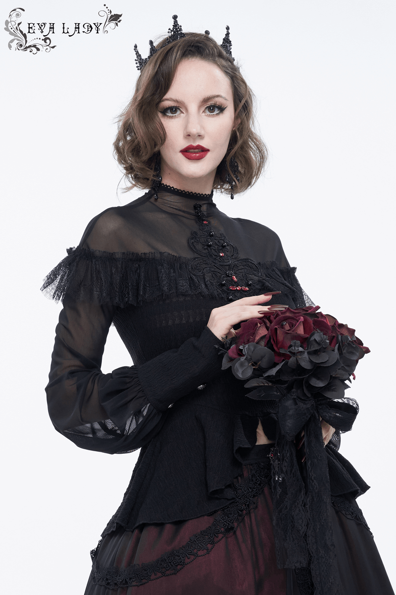 Elegant woman in gothic lace applique blouse, holding black roses, showcasing vintage dark style with crown.