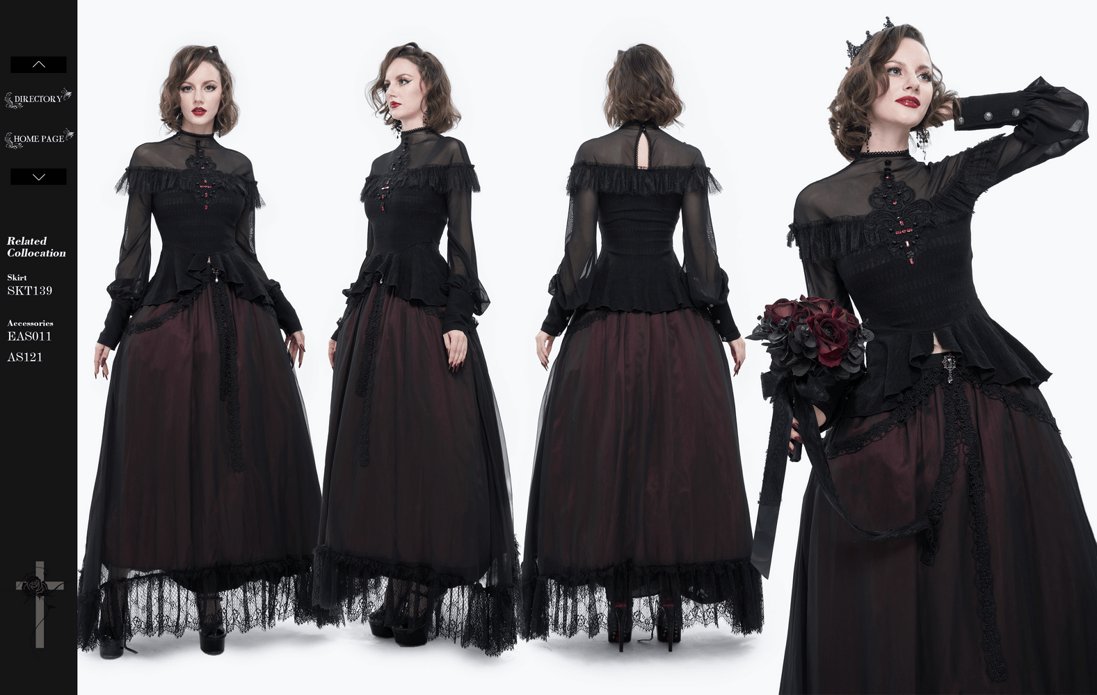 Gothic women's blouse with sheer long sleeves and red beading, paired with a flowing black skirt, showcasing a vintage style.